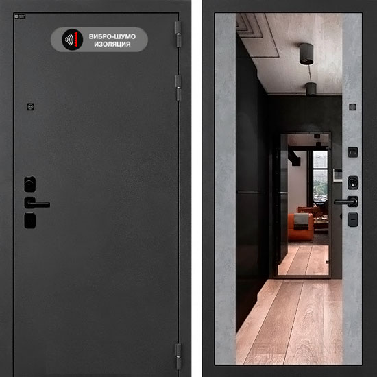 Входная дверь Лабиринт ACUSTICLAB с зеркалом Максимум Бетон светлый